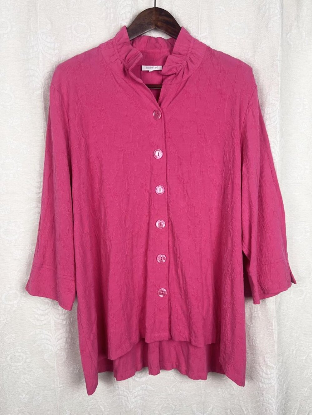 Habitat pink crinkle tunic blouse ruffle collar oversized button down lagenlook